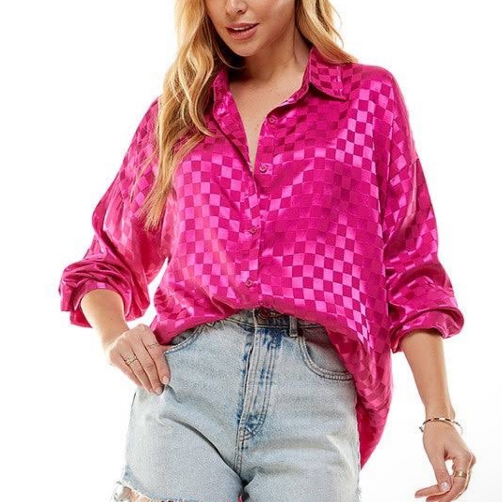Altar’s State oversized Pink satin checkered shirt